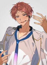  1boy ensemble_stars! fingernails gradient_necktie grey_background hand_up headset highres itsuki_shu jacket julie55yt6 lapels layered_clothes looking_at_viewer male_focus necktie open_clothes open_jacket open_mouth pink_hair shirt short_bangs short_hair smile solo sweat upper_body violet_eyes white_shirt 