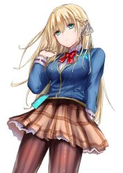  1girl absurdres arm_behind_back blonde_hair blue_eyes blue_jacket bow bowtie braid brainporain brown_pantyhose brown_skirt closed_mouth collared_shirt commentary cowboy_shot diamond-shaped_pupils diamond_(shape) dutch_angle eyes_visible_through_hair floating_hair frown hair_between_eyes hair_ribbon half_up_braid hand_in_own_hair hand_up heaven_burns_red highres jacket long_hair long_sleeves miniskirt pantyhose plaid_clothes plaid_skirt pleated_skirt red_bow red_bowtie ribbon shirt simple_background skirt solo striped_clothes striped_pantyhose symbol-shaped_pupils tojo_tsukasa vertical-striped_clothes vertical-striped_pantyhose very_long_hair white_background white_ribbon white_shirt 