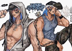  1boy abs alternate_costume arm_tattoo baseball_cap black_hat blue_hair blue_nails blue_tank_top camouflage camouflage_pants character_name facial_mark hand_on_own_face hat highres hood hood_up hoodie jewelry jojo_no_kimyou_na_bouken looking_at_viewer male_focus multiple_views nail_polish naru_tomaki necklace open_clothes open_hoodie paco_laburantes pants shoulder_tattoo simple_background solo solo_focus tank_top tattoo the_jojolands veins violet_eyes watermark white_background white_hoodie wristband 