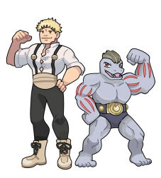  1boy belt black_belt black_pants blonde_hair boots brown_boots button_gap closed_mouth commentary english_commentary fire_emblem fire_emblem:_three_houses flexing full_body garreg_mach_monastery_uniform hand_on_own_hip lozyrosie machoke male_focus muscular pants pokemon pokemon_(creature) raphael_kirsten shirt shoelaces short_hair simple_background sleeves_rolled_up sugimori_ken_(style) suspenders white_background white_shirt 