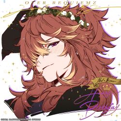  1boy asymmetrical_bangs black_gloves blush brown_hair character_name closed_eyes copyright_name gloves happy_birthday head_wreath highres kazari_tayu long_hair looking_at_viewer male_focus multicolored_hair noil_bestia official_art one_eye_covered over_requiemz portrait simple_background smile solo sparkle streaked_hair violet_eyes white_background 