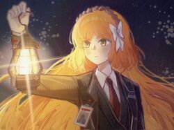 1girl black_coat black_vest bow brown_hairband closed_mouth coat collared_shirt commentary green_eyes hair_bow hairband highres holding holding_lantern id_card ishmael_(project_moon) lantern lapels limbus_company long_hair necktie notched_lapels orange_hair project_moon red_necktie rinko_5191 rope shirt sidelocks solo very_long_hair vest white_bow white_shirt 