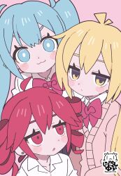  3girls :3 ahoge akita_neru aqua_eyes aqua_hair artist_logo artist_name blonde_hair blush_stickers bow bowtie bright_pupils cardigan closed_mouth collared_shirt dot_mouth dot_nose double-parted_bangs drill_hair earrings hair_between_eyes hatsune_miku highres jewelry jitome kasane_teto logo multiple_girls pink_background pink_cardigan red_bow red_bowtie red_eyes red_hair shirt side_ponytail simple_background stud_earrings triple_baka_(group) triple_ryuunen twin_drills twintails utau vocaloid white_pupils white_shirt yagidon yellow_eyes zako_(vocaloid) 