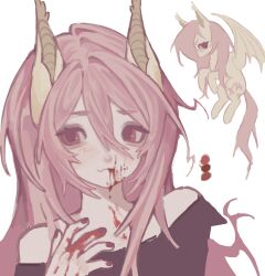  1girl animal_ears bat_ears black_dress blood blood_in_mouth blood_on_hand creature_and_personification dress fang flutterbat fluttershy highres mi0mk my_little_pony my_little_pony:_friendship_is_magic off-shoulder_dress off_shoulder personification pink_hair red_eyes skin_fang white_background 