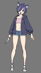  1girl :3 absurdres ahoge animal_ear_fluff animal_ears black_hoodie cat_ears cat_girl commentary_request crop_top face_piercing flat_chest flat_color highres holding holding_knife hood hoodie knife multicolored_hair navel parted_bangs piercing shoes short_shorts shorts simple_background sneakers streaked_hair vvang_vvang_mon yani_neko yurufuwa_anal_tenshi_hameko 
