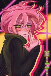  1girl alien_stage alternate_hair_length_(shorter) blood blush character_name closed_mouth commentary cuts dated english_commentary eyelashes fingernails hair_between_eyes highres injury laziidays long_sleeves mizi_(alien_stage) nose_blush official_alternate_hairstyle pink_hair short_hair solo striped_clothes yellow_eyes 