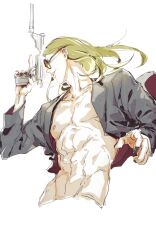  1boy abs black_nails blonde_hair blue_eyes commentary_request cropped_torso fate/grand_order fate_(series) gun highres holding holding_gun holding_weapon jacket kanamuna long_hair male_focus open_clothes open_jacket open_mouth orange-tinted_eyewear pectorals simple_background smile solo sunglasses tezcatlipoca_(fate) tinted_eyewear toned toned_male weapon white_background 