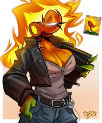  1girl artist_name body_freckles breasts colored_skin denim fiery_hair fire freckles highres jacket jeans large_breasts leather leather_jacket monster_girl nyxx_velvet orange_skin pants peablaze_(leafpaw) peashooter_(plants_vs._zombies) plant plant_girl white_eyes 