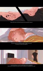  1boy 1girl absurdres bed bed_sheet black_shirt blanket brown_hair commentary english_commentary english_text hetero highres jean_grey marvel on_bed peter_parker red_hair shirt sleeping sleepy_almn spider-man spider-man:_brand_new_day spider-man_(series) x-men 