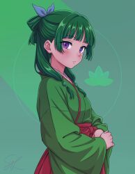  1girl alternate_eye_color aoqun artist_name beads blue_bow blunt_bangs bow chinese_clothes commentary cowboy_shot english_commentary green_background green_hair green_hanfu hair_beads hair_bow hair_ornament half_updo hanfu highres kusuriya_no_hitorigoto long_hair long_sleeves looking_at_viewer maomao_(kusuriya_no_hitorigoto) own_hands_together parted_lips pink_hanfu shirenai sidelocks signature solo standing variant_set violet_eyes wide_sleeves 