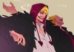  2boys :d arm_up black_shirt blonde_hair brothers cigarette donquixote_doflamingo donquixote_rocinante from_side fur_coat hand_up long_sleeves makeup male_focus multiple_boys necktie nno_(nocturnal_blue) one_piece red_headwear red_hood shirt siblings simple_background smile smoking white_shirt 
