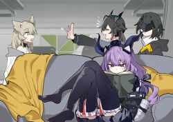  4girls animal_ears arknights arknights:_endfield bird_ears bird_girl black_gloves black_hair black_thighhighs blindfold_mask blonde_hair book chen_qianyu_(arknights) commentary couch dragon_girl dragon_horns eastern_dragon_horns endministrator_(arknights) english_commentary eri_(erikiri) female_endministrator_(arknights) gloves horns mask multiple_girls on_couch open_book perlica_(arknights) purple_hair reading sitting thigh-highs typhoeus_(arknights) typhon_(arknights) violet_eyes 