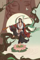  1boy all_wishes_come_true! barefoot bird black_hair black_pants blue_trim branch chinese_clothes chinese_commentary coat commentary_request crane_(animal) flower full_body full_moon green_shawl hair_bun hair_ornament hair_ribbon half_updo hand_fan hanfu highres holding holding_fan in_tree jewelry knee_up leaf_fan leaf_hair_ornament long_hair long_sleeves looking_at_viewer lotus lotus_leaf lotus_pod male_focus moon necklace open_clothes open_coat orange_sash pants paxilionx pectoral_cleavage pectorals pink_flower red_coat red_ribbon ribbon ripples robe sash shawl single_hair_bun sitting sitting_in_tree smile solo tree water white_hanfu wide_sleeves zhongli_quan_(all_wishes_come_true!) 