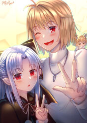  2023 2girls :d ;d antenna_hair arcueid_brunestud arkfield black_capelet black_dress blonde_hair blue_hair blush bow capelet curtained_hair dress empty_eyes hair_bow highres jewelry large_bow len_(tsukihime) long_hair multiple_girls necklace one_eye_closed outstretched_hand pom_pom_(clothes) red_eyes short_hair single_hair_intake smile tsukihime tsukihime_(remake) v 