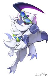  absol blue-tinted_eyewear bright_pupils claws commentary full_body green-framed_eyewear highres likey no_humans pokemon pokemon_(creature) pokemon_focus red_eyes signature solo sunglasses tinted_eyewear white_background white_pupils 