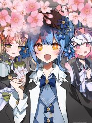  3girls :d belt bird_hat_ornament black_bow black_bowtie black_capelet black_choker black_coat black_hat blonde_hair blue_hair blue_necktie blue_vest bonnet bow bow_flower bowtie braid braided_hair_rings capelet cherry_blossoms choker coat collared_coat collared_shirt contrast_collar deerstalker dot_nose f_game_fanart feather_fan flower gradient_hair green_bonnet green_eyes hair_bow hair_flower hair_ornament hair_rings hand_fan hat hat_bow highres holding holding_fan holding_magnifying_glass long_hair long_sleeves looking_at_viewer magnifying_glass mahou_shoujo_no_majo_saiban making-of_available multicolored_hair multiple_girls neck_ribbon necktie open_mouth pink_eyes pink_hair plaid_hat ribbon sakuraba_ema shirt short_hair sleeveless sleeveless_coat smile sparkling_eyes straight-on tachibana_sherry tono_hanna twintails unmoving_pattern vest white_hair white_ribbon white_shirt white_sleeves yellow_eyes 