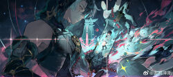 1boy absurdres age_comparison aojizesi arm_up black_gloves black_hair black_shirt chinese_commentary closed_mouth commentary_request elbow_gloves energy from_side gate gloves highres jingran_(wuthering_waves) lantern looking_at_another male_focus multiple_views shirt tacet_mark_(wuthering_waves) wuthering_waves yellow_eyes 