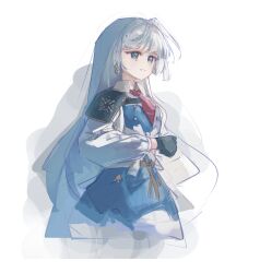  1girl absurdres arcaea black_gloves blue_dress blue_eyes collared_dress commentary cropped_legs diamond-shaped_earrings dress earrings gloves grey_hair highres insight_(arcaea) jewelry long_hair long_sleeves necktie nikkiday_o03 red_necktie simple_background single_shoulder_pad smile solo white_background white_sleeves 