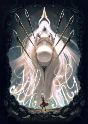  2girls absurdly_long_hair arthropod_girl black_skin cloak colored_skin commentary crossed_arms faceless from_behind full_body giant giantess grand_mother_silk_(hollow_knight) highres holding holding_weapon hollow_knight hollow_knight:_silksong horned_mask hornet_(hollow_knight) long_hair looking_at_another mask multiple_girls needle_(hollow_knight) no_mouth red_cloak standing untranslatable_commentary very_long_hair weapon white_hair white_mask yorrrrn 
