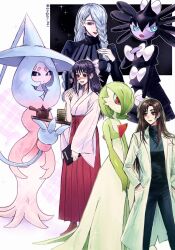  6+girls artist_name black_hair black_sclera blue_eyes bob_cut bow colored_sclera colored_skin dress gardevoir gothitelle green_hair green_skin hair_bow hair_over_one_eye hand_in_pocket hat hatterene highres japanese_clothes lab_coat long_hair matchi_(ginger.8) miko multicolored_skin multiple_girls pokemon pokemon_(creature) prehensile_hair purple_skin red_eyes two-tone_skin white_dress white_skin witch_hat 