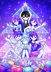  +_+ 2girls 4boys absurdres antenna_hair arms_up aubrey_(headspace)_(omori) aubrey_(omori) ball barefoot basil_(headspace)_(omori) basil_(omori) black_eyes black_hair black_tank_top blue_shirt blush bow box bright_pupils brother_and_sister brothers checkered_clothes christmas_lights christmas_tree closed_eyes closed_mouth collarbone collared_pajamas collared_shirt colored_skin commentary double-parted_bangs english_commentary flower flower_wreath gift gift_box green_hair grin hair_between_eyes hair_bow head_wreath hero_(headspace)_(omori) hero_(omori) highres holding holding_ball holding_stuffed_toy kel_(headspace)_(omori) kel_(omori) long_hair long_sleeves looking_at_viewer mari_(headspace)_(omori) mari_(omori) merry_christmas mr._plantegg_(omori) multiple_boys multiple_girls neckerchief omori omori_(omori) open_mouth pajamas pants pink_bow pleated_skirt purple_hair red_neckerchief red_skirt sakakien shirt short_hair short_sleeves siblings sidelocks sitting skirt smile striped_clothes striped_pajamas striped_pants stuffed_eggplant stuffed_toy t-shirt tank_top teeth vertical-striped_clothes vertical-striped_pajamas vertical-striped_pants violet_eyes white_pants white_pupils white_shirt white_skin 