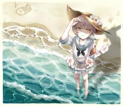  1girl absurdres armband beach blue_skirt commentary_request drawing_on_sand fal_(mahoiku) flower gamo_tako hat highres looking_up mahou_shoujo_ikusei_keikaku mahou_shoujo_ikusei_keikaku_restart pink_hair sailor_collar short_hair skirt snow_white_(mahoiku) sparkle wading white_flower yellow_eyes 