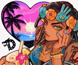  1girl alternate_costume black_hair blue_shirt bracelet breasts dark-skinned_female dark_skin dragona_joestar dreadlocks drink eyelashes flower green_eyes hair_ornament hand_on_own_cheek hand_on_own_face head_wreath heart holding holding_drink jewelry jojo_no_kimyou_na_bouken looking_at_viewer nail_polish naru_tomaki necklace shirt shoulder_tattoo solo solo_focus tattoo the_jojolands white_background 