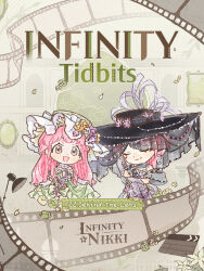  2girls arch artist_request beads black_hat bow brown_eyes chibi choker clapperboard closed_eyes closed_mouth collar commentary curtsey detached_collar doorway dot_nose dress dress_bow dual_persona english_commentary english_text fern film_strip flower frilled_choker frilled_headwear frills gloves gradient_clothes gradient_dress green_bow green_dress green_flower green_hat grey_collar grey_dress grey_gloves grey_shawl grey_veil hand_on_own_elbow hand_on_own_face happy hat hat_flower hat_ribbon high_collar highres indoors infinity_nikki light_blush long_dress long_hair looking_at_viewer medium_hair mirror multiple_girls nikki_(nikki) nikki_(series) off-shoulder_dress off_shoulder official_art open_mouth orange_flower painting_(object) petals pink_hair plaid_clothes plaid_dress purple_dress purple_flower ribbon second-party_source see-through_clothes see-through_shawl see-through_veil shawl short_sleeves smile strapless strapless_dress tareme tight_clothes tight_dress title two-tone_dress unseen_colors_(infinity_nikki) veil veiled_projections_(infinity_nikki) very_long_hair white_choker white_ribbon yellow_flower 