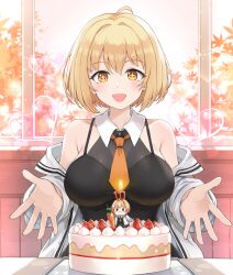  1girl ahoge armcho bare_shoulders birthday_cake black_shirt blonde_hair cake commentary_request food hair_between_eyes haru_estia looking_at_viewer medium_hair necktie open_mouth orange_necktie shirt sleeveless sleeveless_shirt smile solo soulworker yellow_eyes 