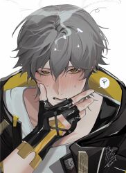  1boy arm_strap artist_name badge black_gloves black_jacket blush brown_eyes caelus_(honkai:_star_rail) caelus_ssf collarbone commentary english_commentary fingerless_gloves gloves grey_hair hair_between_eyes hand_on_own_chin hand_up highres honkai:_star_rail honkai_(series) hood hooded_jacket jacket lapels leather leather_gloves long_sleeves looking_at_viewer male_focus open_clothes open_jacket open_mouth shirt short_hair shy signature simple_background solo speech_bubble spoken_squiggle squiggle sweat t-shirt teeth tongue trailblazer_(honkai:_star_rail) two-sided_fabric two-sided_jacket upper_body white_background white_shirt yellow_jacket 