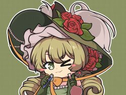  >_o 1girl :3 ;3 blonde_hair bow chinstrap commentary dress drill_hair elbow_gloves flask flower gloves green_background green_dress green_eyes green_gloves green_hat hat hat_feather hat_flower highres holding holding_flask holding_test_tube looking_at_viewer low_twintails mii_(sedaprasa) one_eye_closed orange_bow potion red_flower red_rose reverse:1999 rose round-bottom_flask sleeveless sleeveless_dress solo sotheby test_tube twin_drills twintails upper_body 