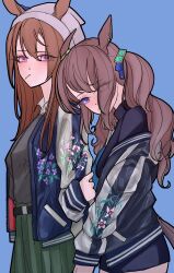  2girls animal_ears arm_hug beanie blue_background blue_eyes blue_jacket blue_shorts brown_hair closed_mouth commentary_request cowboy_shot eyes_visible_through_hair green_skirt grey_hat grey_shirt hair_between_eyes hat highres horse_ears horse_girl jacket long_hair long_sleeves looking_at_viewer multiple_girls nakayama_festa_(umamusume) open_clothes open_jacket pappi pleated_skirt shirt shorts simple_background skirt toothpick tosen_jordan_(umamusume) twintails umamusume violet_eyes yuri 