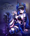  animal_ears blue_hair boots bra breasts clickdraws crown dragon_girl dragon_horns goth_girl gothic highres horns large_breasts scales sitting skirt spikes tail thigh-highs underwear virtual_youtuber 