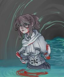  1girl absurdres blood blood_on_clothes blood_on_face bloodborne brown_hair fromsoftware gloves grey_eyes highres iosefka miguel_angel partially_submerged ponytail robe smile solo solo_focus water white_gloves white_robe 