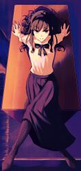  1girl absurdres black_bow black_eyes black_hair black_hairband boots bow bowtie breasts crossed_legs full_body grin hair_ornament hairband highres knee_boots leaning_back leg_up long_hair long_skirt long_sleeves looking_at_viewer nagidazo pleated_skirt purple_boots purple_skirt shirt shirt_tucked_in sitting skirt sleeve_cuffs small_breasts smile solo teeth tohno_akiha tsukihime tsukihime_(remake) white_shirt 