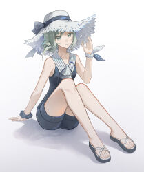  1girl absurdres ascot bare_shoulders blue_bow blue_one-piece_swimsuit blue_scrunchie bow chinese_commentary commentary_request full_body gradient_background grey_eyes grey_hair hair_bun hand_on_headwear hat hat_bow highres knees_to_chest official_alternate_costume on_ground one-piece_swimsuit reverse:1999 sandals scrunchie short_hair single_side_bun sitting slides smile solo sun_hat swimsuit vertin_(reverse:1999) white_ascot white_background white_bow white_hat wrist_bow wrist_scrunchie yukiri_(l_ii) 