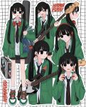  1girl artist_name bag black_hair black_necktie black_skirt blue_bag blush briefcase charm_(object) closed_mouth ear_piercing earrings green_footwear green_jacket grid_background guitar hamafugu head_rest headphones headphones_around_neck highres holding holding_briefcase holding_headphones hood hood_down instrument instrument_case jacket jewelry long_hair multiple_views music necktie open_clothes open_jacket open_mouth original outline piercing playing_instrument profile shoes skirt sleeves_past_wrists sneakers sticker sweat tearing_up twintails white_outline zipper zipper_pull_tab 