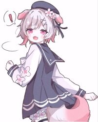  ! 1girl :d animal_ears beret black_coat black_hat closed_mouth coat collared_coat commentary_request cowboy_shot dog_ears dog_tail fang flower flower-trimmed_shorts flower-trimmed_sleeves gradient_hair hair_flower hair_ornament hat hat_flower hat_ribbon highres kemonomimi_mode long_sleeves looking_at_viewer looking_back mahou_shoujo_no_majo_saiban multicolored_hair myua_(wan_wan_00xx) neck_ribbon open_mouth pants pink_eyes pink_hair ribbon sakuraba_ema shirt short_hair shorts simple_background skin_fang sleeveless sleeveless_coat smile solo spoken_exclamation_mark tail thigh_strap white_background white_flower white_hair white_pants white_ribbon white_shirt white_shorts white_sleeves x_hair_ornament 