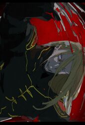  1boy blonde_hair blood blue_eyes bodysuit commentary_request fate/grand_order fate_(series) highres kanamuna long_hair looking_at_viewer male_focus open_mouth red_background smile solo tezcatlipoca_(fate) upper_body 