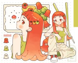  1girl cherry_tomato chopsticks commentary earrings food food-themed_hair_ornament food_art green_shirt hair_ornament highres jewelry long_hair moi03_moi08 multiple_views original pants personification red_eyes red_hair rice shirt shoes sitting sleeveless sleeveless_shirt sneakers tako-san_wiener tomato tomato_hair_ornament untranslatable_commentary 