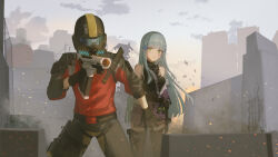 1boy 1girl absurdres black_gloves black_pants black_shirt black_thighhighs blue_hair blunt_bangs breasts combat_helmet commander_(girls'_frontline) cowboy_shot cross_hair_ornament girls_frontline gloves green_eyes hair_ornament helldivers_(series) helmet highres hk416_(girls'_frontline) holding holding_weapon holster jacket jishou_kusaboukun large_breasts long_hair looking_at_another multicolored_jacket off_shoulder pants purple_jacket ruins shirt sky sleeveless sleeveless_shirt smoke standing thigh-highs thigh_holster two-tone_jacket urban weapon weapon_request 
