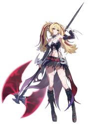  1girl absurdres animal_print axe bad_source bare_shoulders bat_print battle_axe black_boots black_shirt black_skirt blonde_hair boots claret_flint detached_sleeves double-sided_axe hair_intakes hair_ornament highres knee_boots long_hair looking_at_viewer mask_on_belt miniskirt nail_polish navel official_art platform_boots polearm print_thighhighs red_eyes red_nails shirt skirt sleeveless sleeveless_shirt solo sphere_hair_ornament stomach thigh-highs transparent_background twintails weapon zenless_zone_zero 