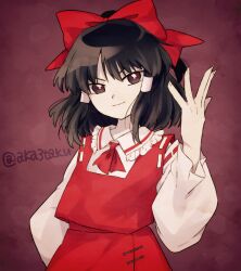  1girl akasata artist_name ascot black_hair bow closed_mouth collared_shirt commentary_request cowboy_shot detached_sleeves embodiment_of_scarlet_devil frilled_shirt_collar frills grey_eyes hair_bow hair_tubes hakurei_reimu hand_up long_sleeves looking_at_viewer medium_hair no_pupils red_ascot red_background red_bow red_skirt red_vest ribbon-trimmed_sleeves ribbon-trimmed_vest ribbon_trim shirt sidelocks simple_background skirt skirt_set smile solo touhou twitter_username v-shaped_eyebrows vest white_shirt white_sleeves wide_sleeves zun_pose 