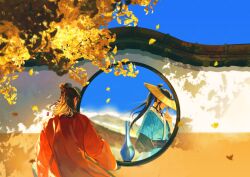  2boys absurdres all_wishes_come_true! arm_wrap autumn autumn_leaves black_hair black_sash blue_hanfu blue_sky blurry bottle brown_hair chinese_clothes closed_mouth coat commentary day facing_away falling_leaves finger_to_mouth floating_hair from_behind ginkgo_leaf hair_bun hair_ribbon half_updo hand_up hanfu hat high_ponytail highres holding implied_yaoi layered_sleeves leaf long_hair long_sleeves lv_dongbin_(all_wishes_come_true!) male_focus multiple_boys ny_sanguo outdoors ponytail profile red_coat red_ribbon red_robe red_sash ribbon robe round_window sash seal_impression shushing sidelocks single_hair_bun sky smile straw_hat tree untranslatable_commentary upper_body wide_sleeves wind window zhongli_quan_(all_wishes_come_true!) 
