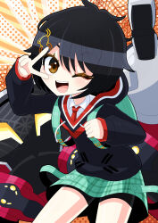  1girl absurdres amairo_zanmei backpack bag black_hair brown_eyes commentary_request hair_ornament highres jacket marvel marvel_tokon:_fighting_souls mecha necktie open_mouth peni_parker posing robot school_uniform shirt short_hair skirt sp//dr spider-man_(series) takahashi_rie v white_shirt 