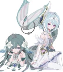  2girls armband ballerina bangle bare_shoulders blue_dress blue_eyes blue_gem blue_hair bracelet bridal_gauntlets choker clenched_hands closed_mouth commentary_request crop_top crystal_earrings dress earrings expressionless feather_hair_ornament feathers feet_out_of_frame fins flower frilled_choker frills from_side full_body fur_collar fur_trim gem genshin_impact gold_ring green_armband green_hair grey_choker hair_bun hair_flower hair_ornament hair_over_one_eye hairband hands_on_own_face hands_up head_fins heart-shaped_gem highres jewelry long_hair looking_at_viewer lying merfolk mermaid monster_girl multicolored_hair multiple_girls odette_(genshin_impact) on_stomach pantyhose pearl_hair_ornament pink_gem short_dress short_hair sidelocks simple_background single_bridal_gauntlet sitting strapless strapless_dress streaked_hair tank_top two-tone_dress very_long_hair violet_eyes vodyanitsa_(genshin_impact) white_armband white_background white_bridal_gauntlets white_dress white_feathers white_flower white_hair white_hairband white_pantyhose white_tank_top yes_no_777_no 