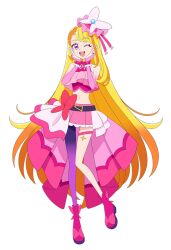  1girl artist_request butterfly_hat_ornament commentary crossed_legs cure_butterfly full_body hands_on_own_cheeks hands_on_own_face hat_ornament highres hijiri_ageha hirogaru_sky!_precure long_hair looking_at_viewer midriff multicolored_hair official_art one_eye_closed open_mouth precure single_thighhigh smile solo thigh-highs transparent_background very_long_hair 