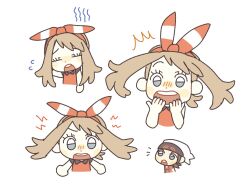  1boy 1girl 28_(eep228) :o blush_stickers bow_hairband brendan_(pokemon) brown_hair chibi chibi_only closed_eyes eyelashes hairband hands_up long_hair may_(pokemon) multiple_views open_mouth pokemon pokemon_omega_ruby_and_alpha_sapphire raised_inner_eyebrows red_hairband red_shirt shirt teeth upper_teeth_only white_background 