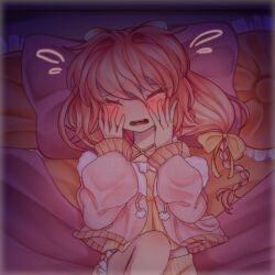  1girl bed blush bonnibelle bonnibelle_amai bonnibelle_amai_(pajamas) bow braid closed_eyes commentary embarrassed english_commentary eyes_visible_through_hair hands_on_own_face indie_virtual_youtuber on_bed open_mouth orange_bow orange_hair solo stingray_girl teeth tongue upper_teeth_only virtual_youtuber 
