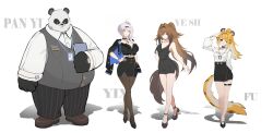  1boy 3girls absurdres animal_ears black_fur blonde_hair brown_hair bupa_chila character_name closed_mouth grey_hair highres ju_fufu looking_at_viewer multicolored_fur multiple_girls pan_yinhu panda_boy panda_ears ponytail smile tail tiger_ears tiger_tail white_background white_fur ye_shunguang yixuan_(zenless_zone_zero) zenless_zone_zero 